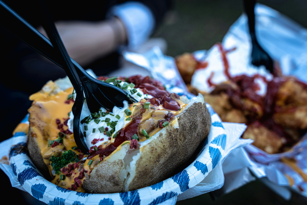 perfect baked potato with cheese, cream cheese and bacon